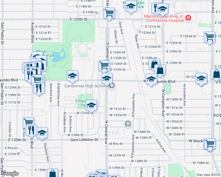 map of restaurants, bars, coffee shops, grocery stores, and more near 2606 North Central Avenue in Compton