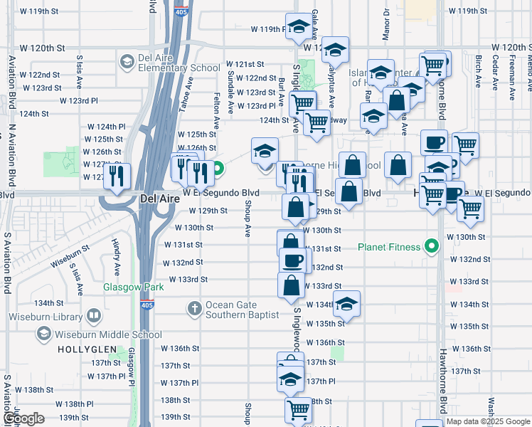 map of restaurants, bars, coffee shops, grocery stores, and more near 4852 West 129th Street in Hawthorne