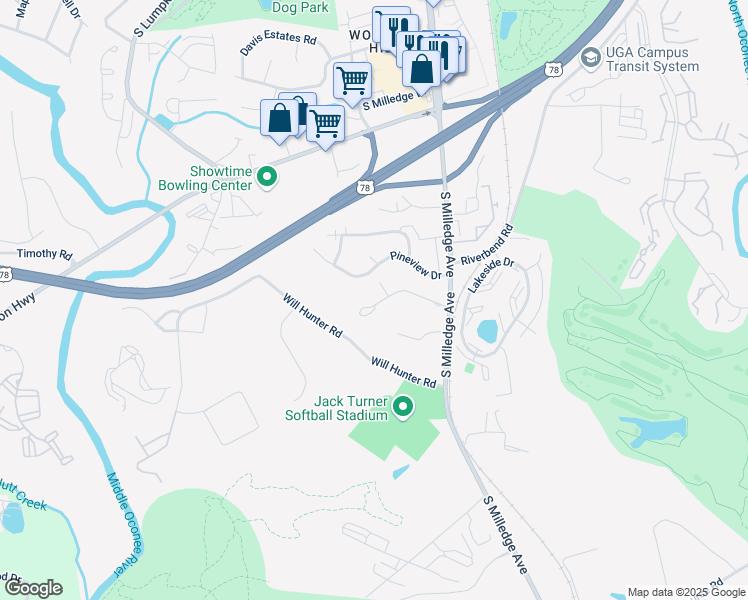 map of restaurants, bars, coffee shops, grocery stores, and more near 575 Venita Drive in Athens