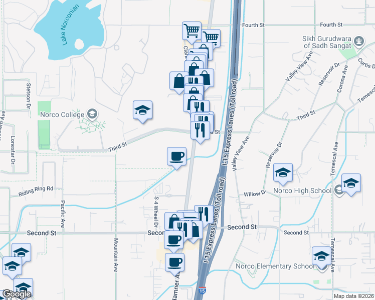 map of restaurants, bars, coffee shops, grocery stores, and more near 2300 Hamner Avenue in Norco