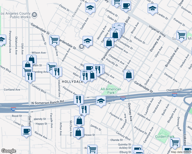 map of restaurants, bars, coffee shops, grocery stores, and more near 13180 Paramount Boulevard in South Gate