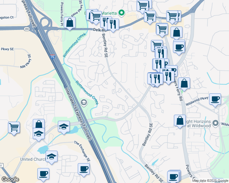map of restaurants, bars, coffee shops, grocery stores, and more near 2741 Saint Augustine Trail in Marietta