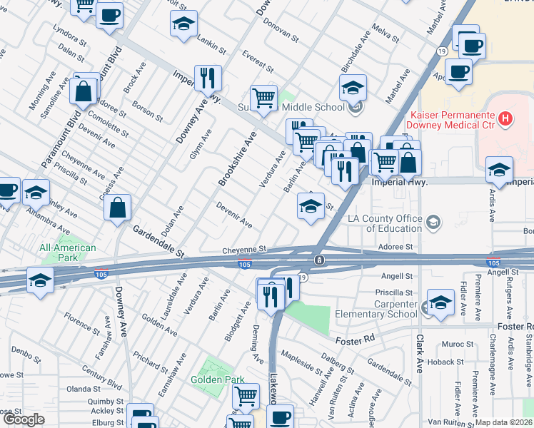 map of restaurants, bars, coffee shops, grocery stores, and more near 12823 Barlin Avenue in Downey
