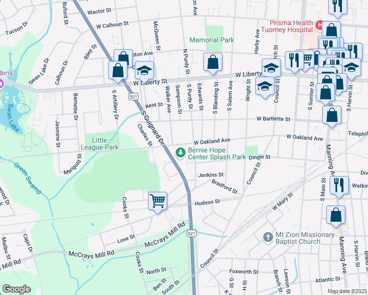 map of restaurants, bars, coffee shops, grocery stores, and more near 610 West Oakland Avenue in Sumter