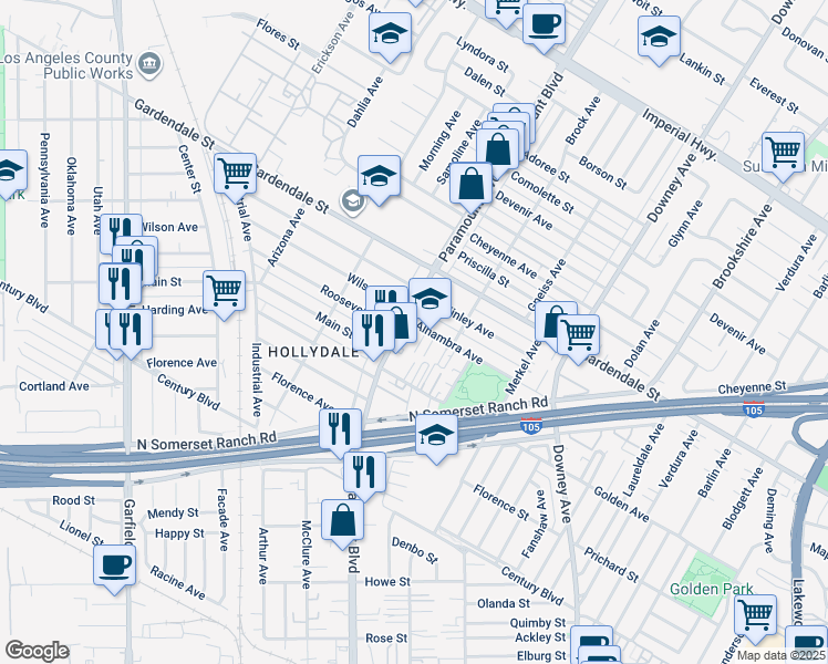 map of restaurants, bars, coffee shops, grocery stores, and more near 13180 Paramount Boulevard in South Gate