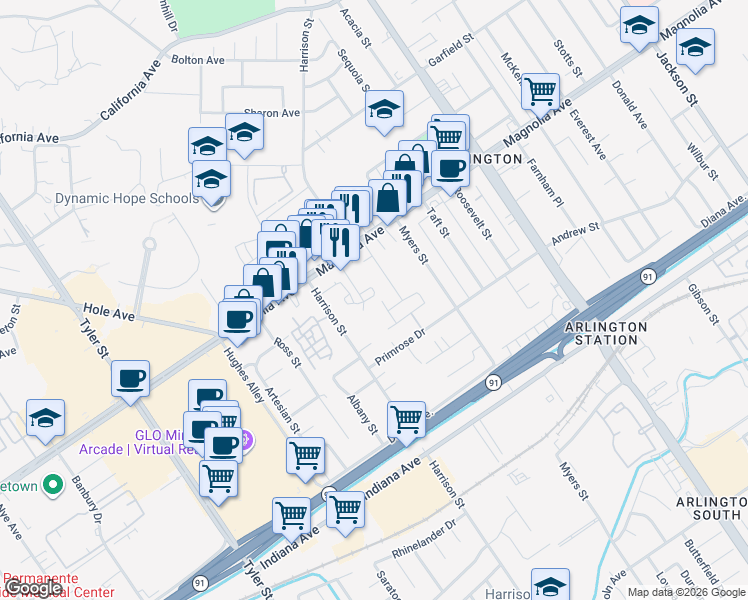 map of restaurants, bars, coffee shops, grocery stores, and more near 3694 Loheria Street in Riverside