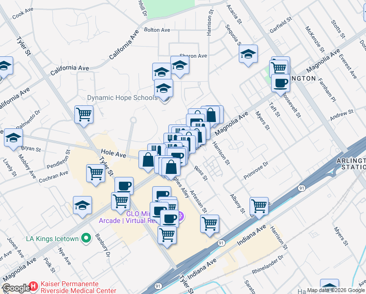 map of restaurants, bars, coffee shops, grocery stores, and more near 10000b Magnolia Avenue in Riverside
