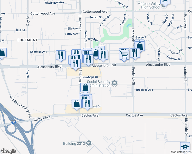 map of restaurants, bars, coffee shops, grocery stores, and more near Newhope Dr in Moreno Valley