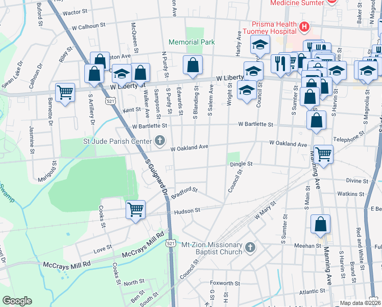 map of restaurants, bars, coffee shops, grocery stores, and more near 518 West Oakland Avenue in Sumter