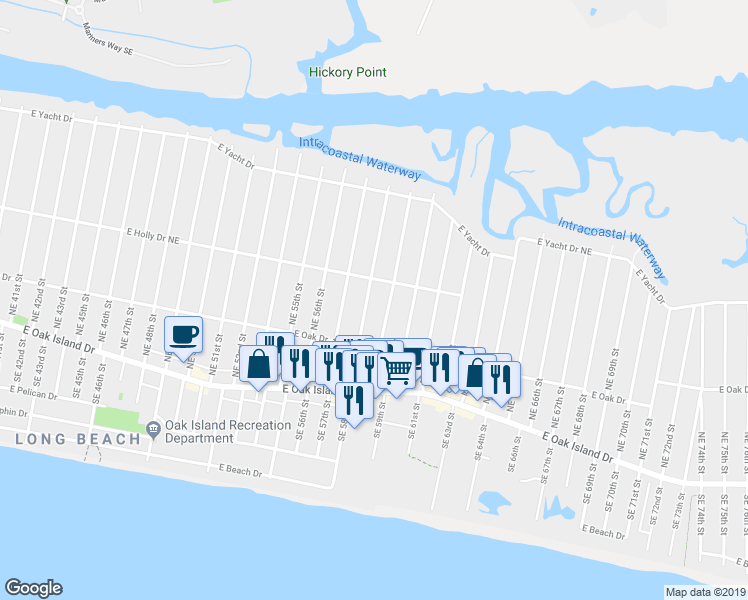 map of restaurants, bars, coffee shops, grocery stores, and more near 222 Northeast 58th Street in Oak Island
