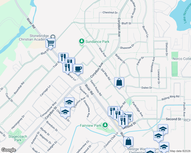 map of restaurants, bars, coffee shops, grocery stores, and more near 2377 Corydon Avenue in Norco