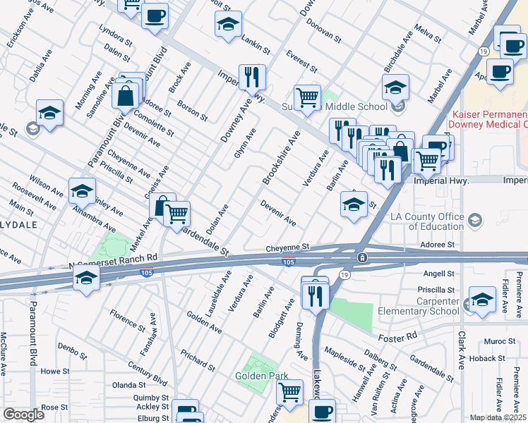 map of restaurants, bars, coffee shops, grocery stores, and more near 8579 Puritan Street in Downey