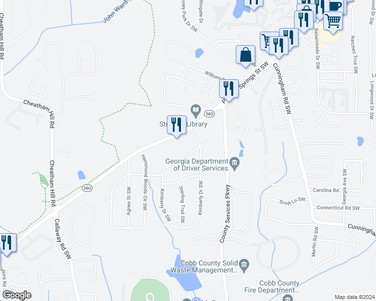 map of restaurants, bars, coffee shops, grocery stores, and more near 1841 Kimberly Drive Southwest in Marietta