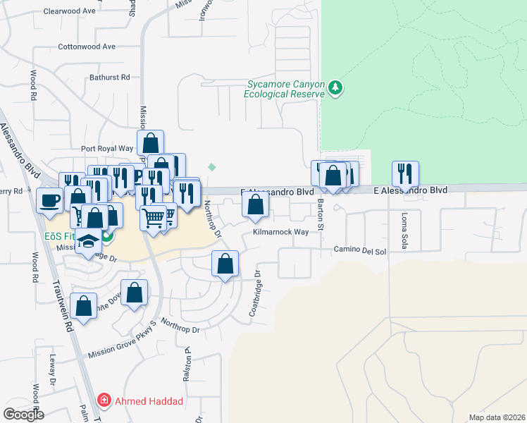 map of restaurants, bars, coffee shops, grocery stores, and more near 808 Kilmarnock Way in Riverside