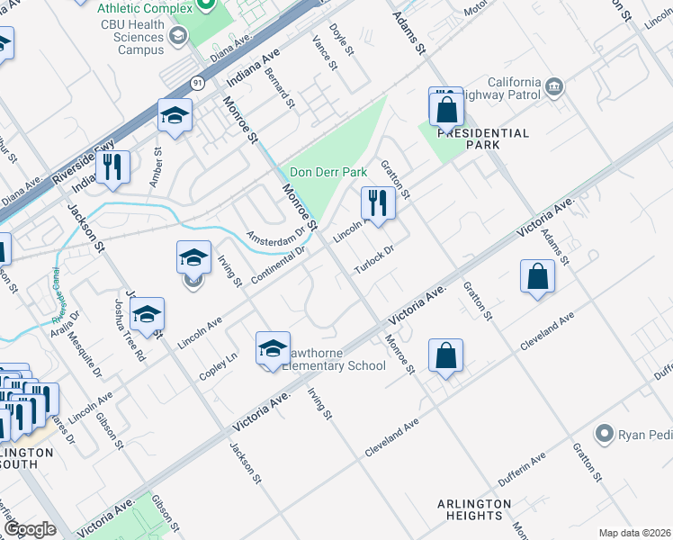 map of restaurants, bars, coffee shops, grocery stores, and more near 2865 Tropicana Drive in Riverside