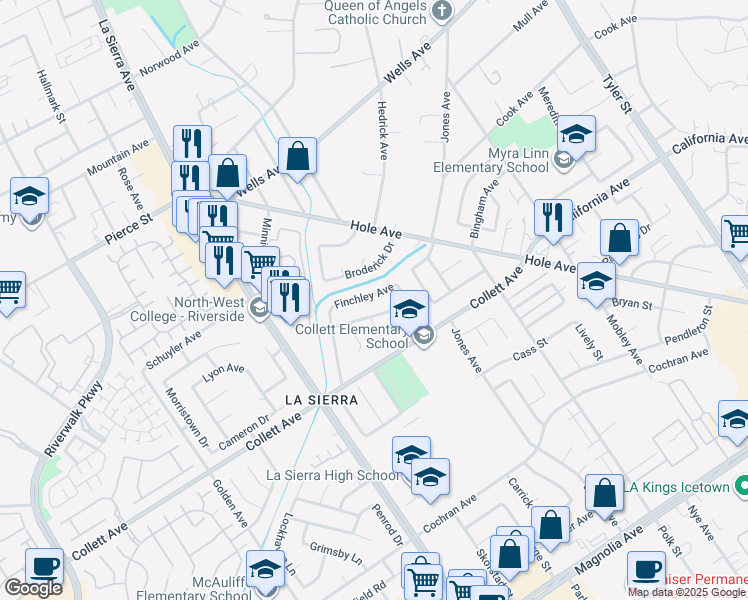 map of restaurants, bars, coffee shops, grocery stores, and more near 10921 Endicott Drive in Riverside