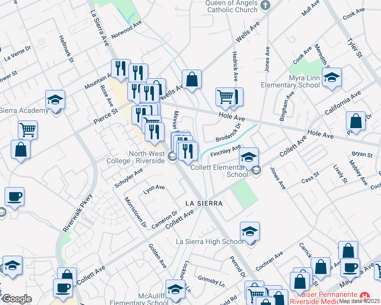 map of restaurants, bars, coffee shops, grocery stores, and more near 4549 La Sierra Avenue in Riverside