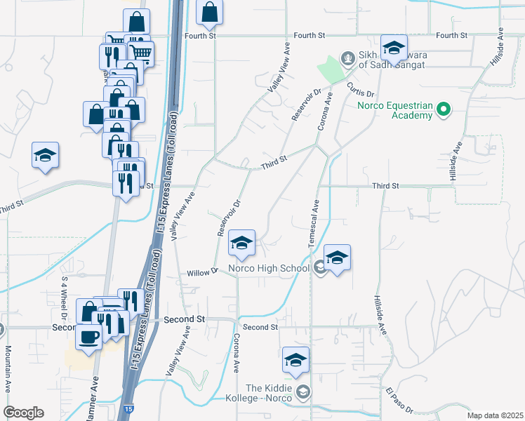 map of restaurants, bars, coffee shops, grocery stores, and more near 2309 Reservoir Drive in Norco