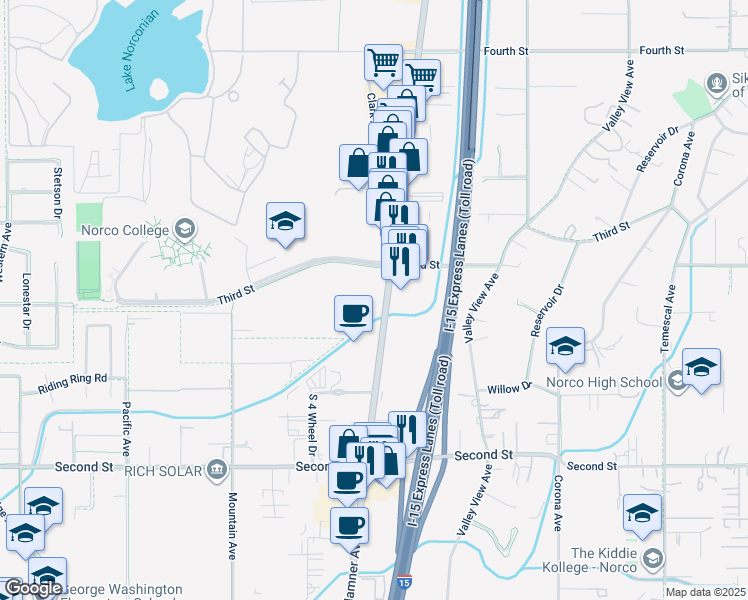 map of restaurants, bars, coffee shops, grocery stores, and more near 2300 Hamner Avenue in Norco