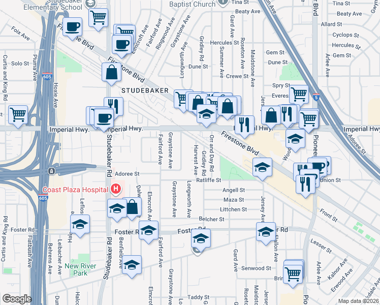 map of restaurants, bars, coffee shops, grocery stores, and more near 11315 Borson Street in Norwalk