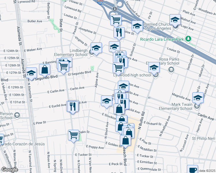 map of restaurants, bars, coffee shops, grocery stores, and more near 3285 Carlin Avenue in Lynwood
