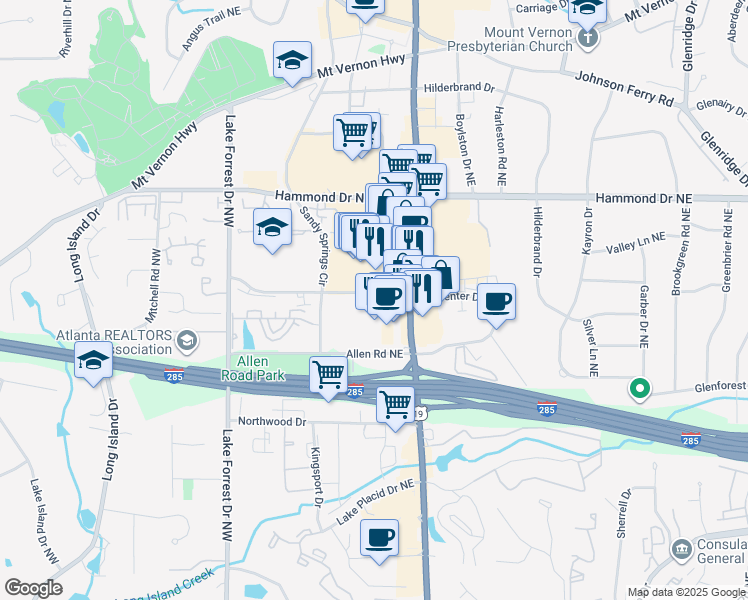 map of restaurants, bars, coffee shops, grocery stores, and more near 185 Cliftwood Drive Northeast in Sandy Springs