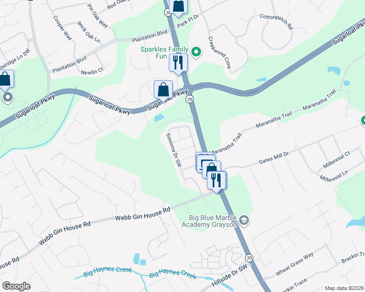 map of restaurants, bars, coffee shops, grocery stores, and more near 1277 Georgia 20 in Lawrenceville