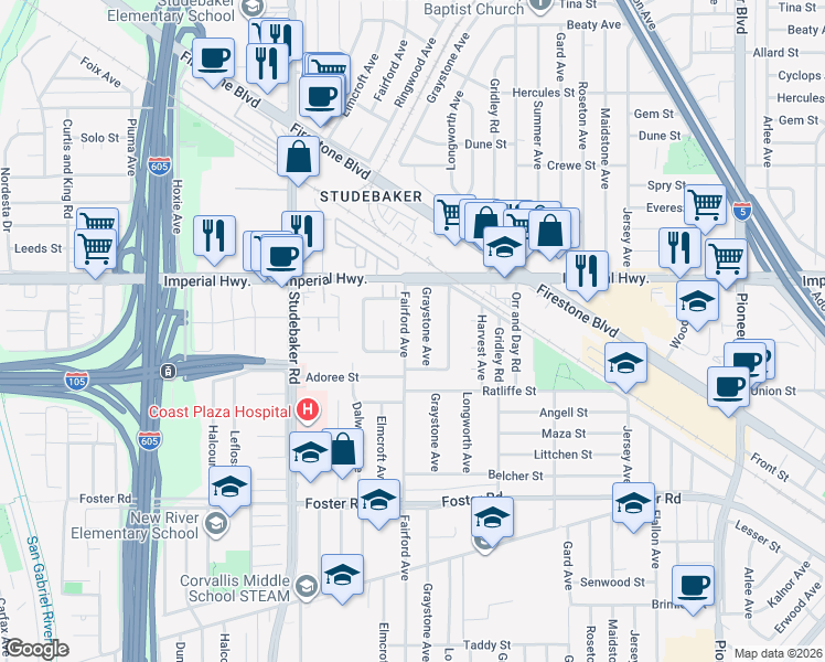 map of restaurants, bars, coffee shops, grocery stores, and more near 12716 Fairford Avenue in Norwalk