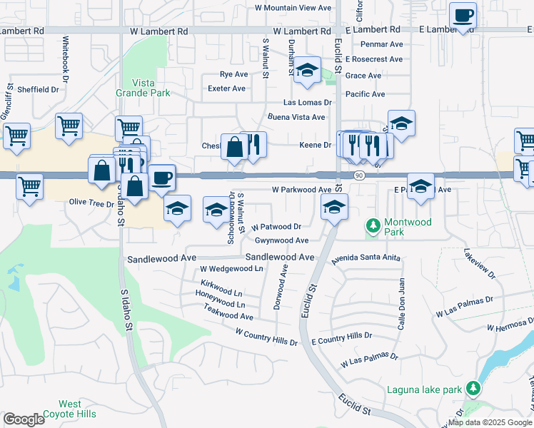 map of restaurants, bars, coffee shops, grocery stores, and more near 1321 Nanwood Street in La Habra