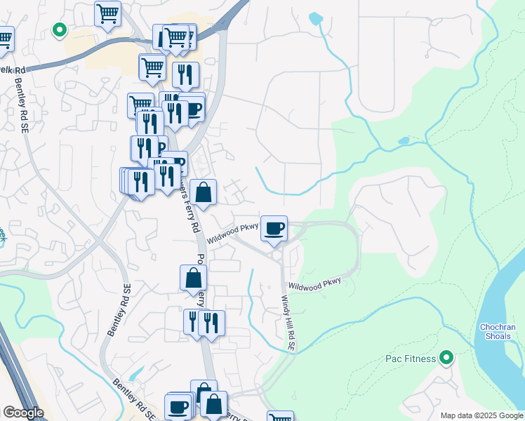 map of restaurants, bars, coffee shops, grocery stores, and more near 3114 Riverbrooke Trail in Atlanta