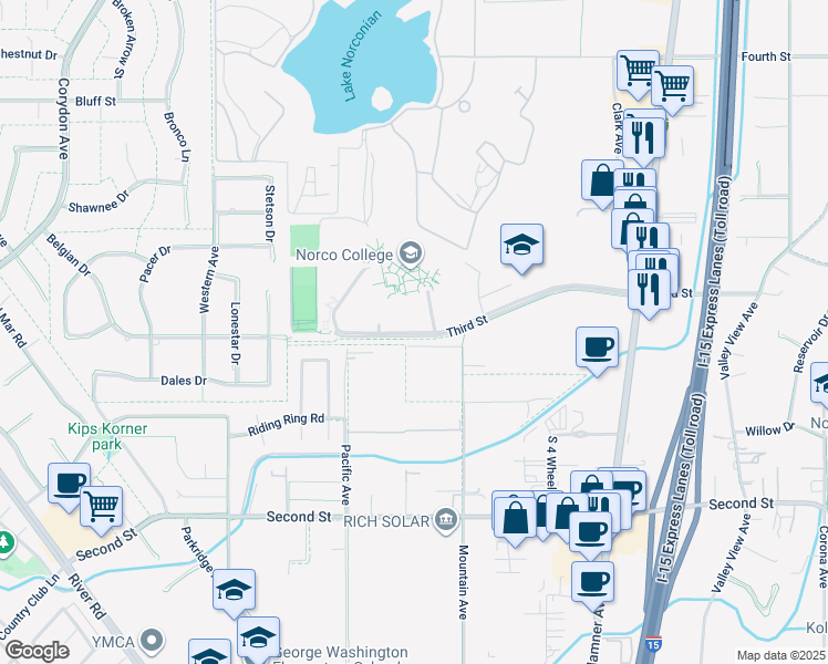 map of restaurants, bars, coffee shops, grocery stores, and more near 2001 3rd Street in Norco