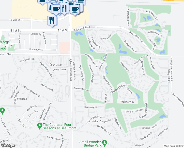 map of restaurants, bars, coffee shops, grocery stores, and more near 1085 Pauma Valley Road in Banning