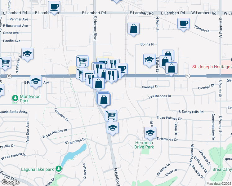 map of restaurants, bars, coffee shops, grocery stores, and more near 3821 Lariat Place in Fullerton