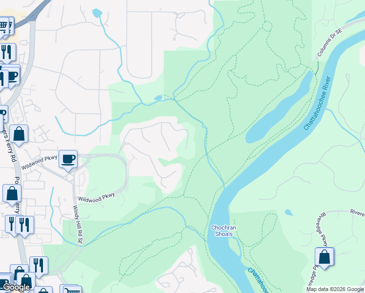 map of restaurants, bars, coffee shops, grocery stores, and more near 1465 Gatestone Way in Atlanta