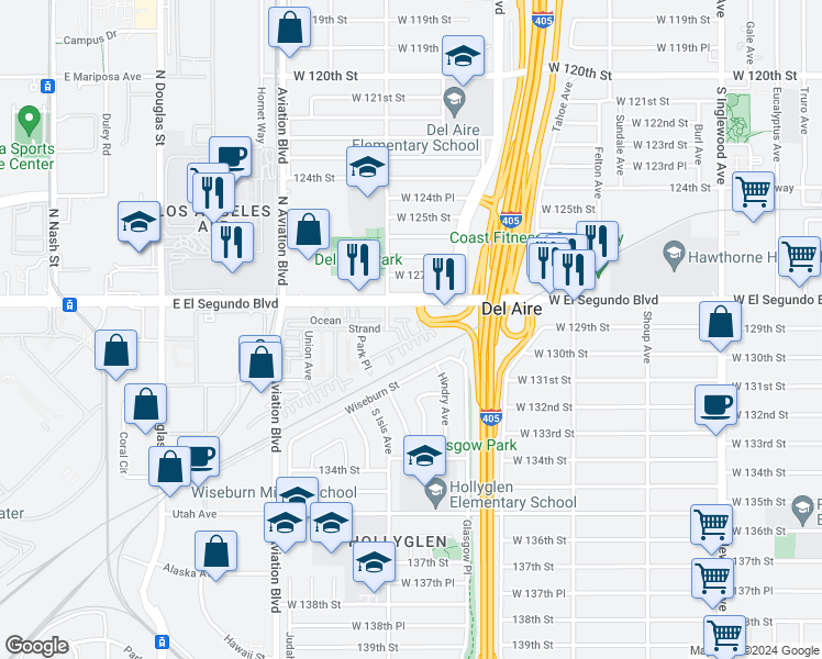 map of restaurants, bars, coffee shops, grocery stores, and more near 5325 Pacific Terrace in Hawthorne
