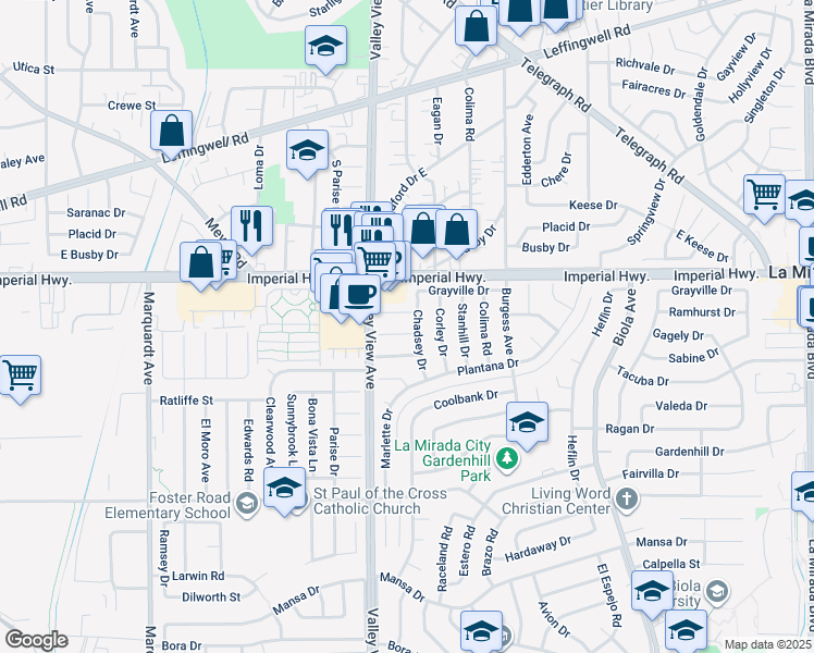 map of restaurants, bars, coffee shops, grocery stores, and more near 14243 Gagely Drive in La Mirada