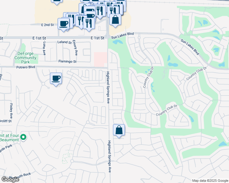 map of restaurants, bars, coffee shops, grocery stores, and more near 6351 Spyglass Avenue in Banning