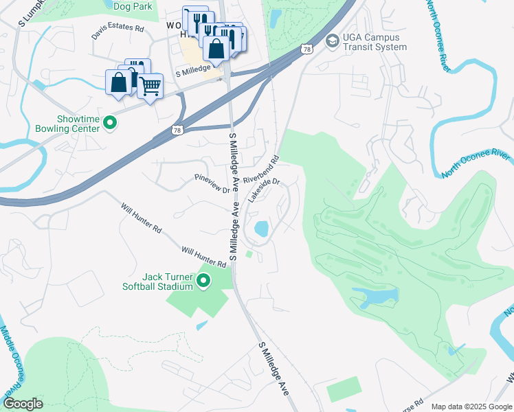 map of restaurants, bars, coffee shops, grocery stores, and more near 1000 Lakeside Drive in Athens