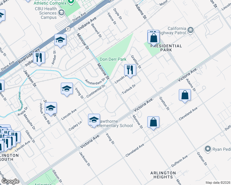 map of restaurants, bars, coffee shops, grocery stores, and more near 2850 Monroe Street in Riverside