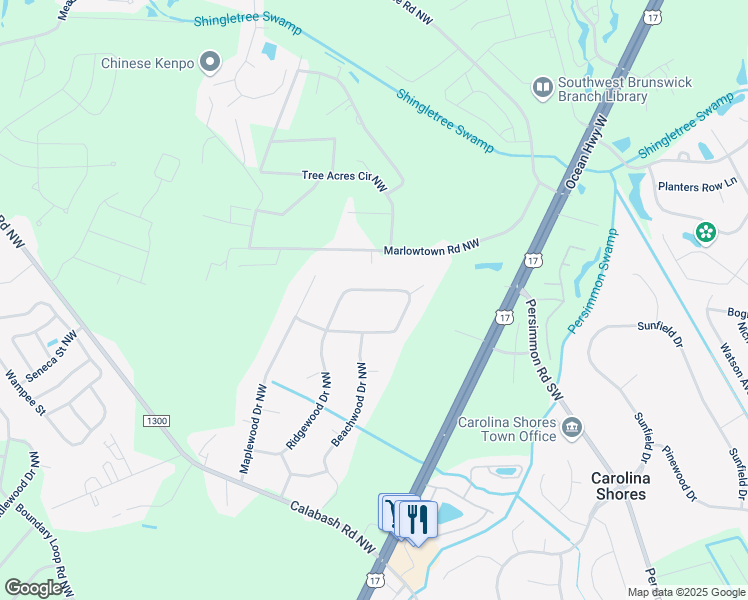 map of restaurants, bars, coffee shops, grocery stores, and more near 244 Ocean Forest Drive Northwest in Calabash