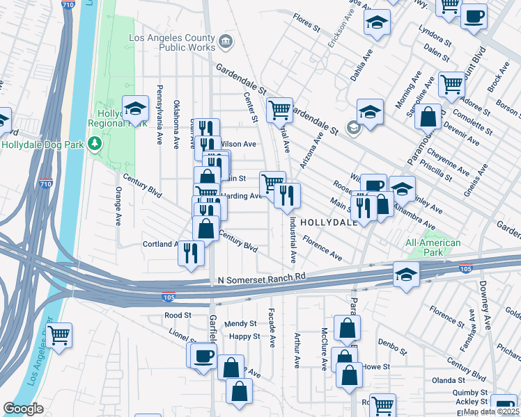 map of restaurants, bars, coffee shops, grocery stores, and more near 5789 Lincoln Avenue in South Gate