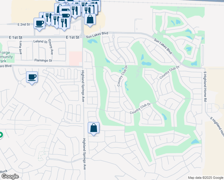 map of restaurants, bars, coffee shops, grocery stores, and more near 6173 Inverness Drive in Banning
