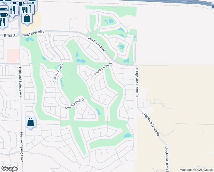 map of restaurants, bars, coffee shops, grocery stores, and more near 1078 Olympic Avenue in Banning