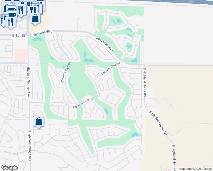 map of restaurants, bars, coffee shops, grocery stores, and more near 1079 Oakland Hills Drive in Banning