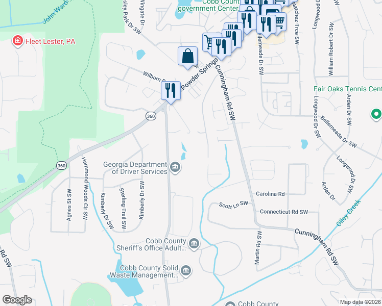 map of restaurants, bars, coffee shops, grocery stores, and more near 1575 County Services Parkway in Marietta