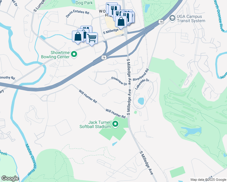 map of restaurants, bars, coffee shops, grocery stores, and more near 450 Venita Drive in Athens