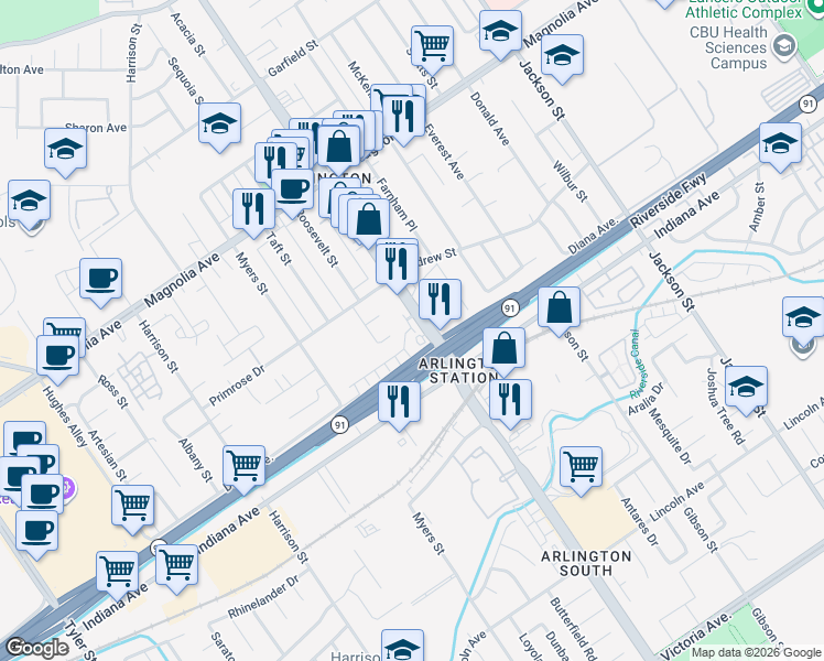 map of restaurants, bars, coffee shops, grocery stores, and more near 3510 Van Buren Boulevard in Riverside