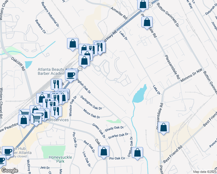 map of restaurants, bars, coffee shops, grocery stores, and more near 2514 Norwood Park Crossing in Doraville