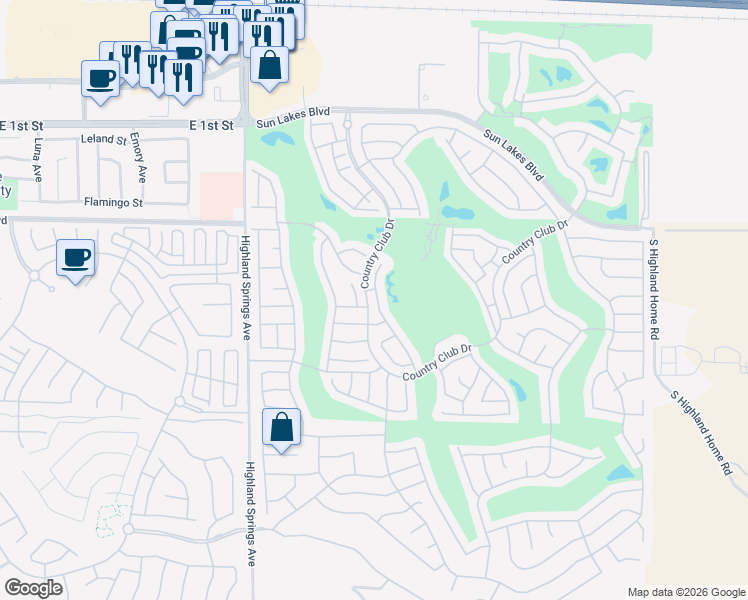 map of restaurants, bars, coffee shops, grocery stores, and more near 1125 Laguna Seca Court in Banning