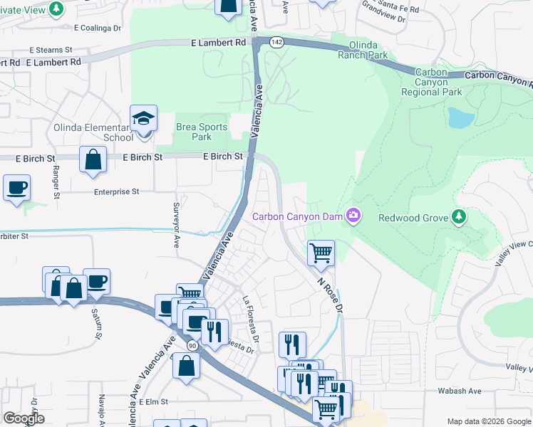 map of restaurants, bars, coffee shops, grocery stores, and more near 3314 Calle del Sol in Brea